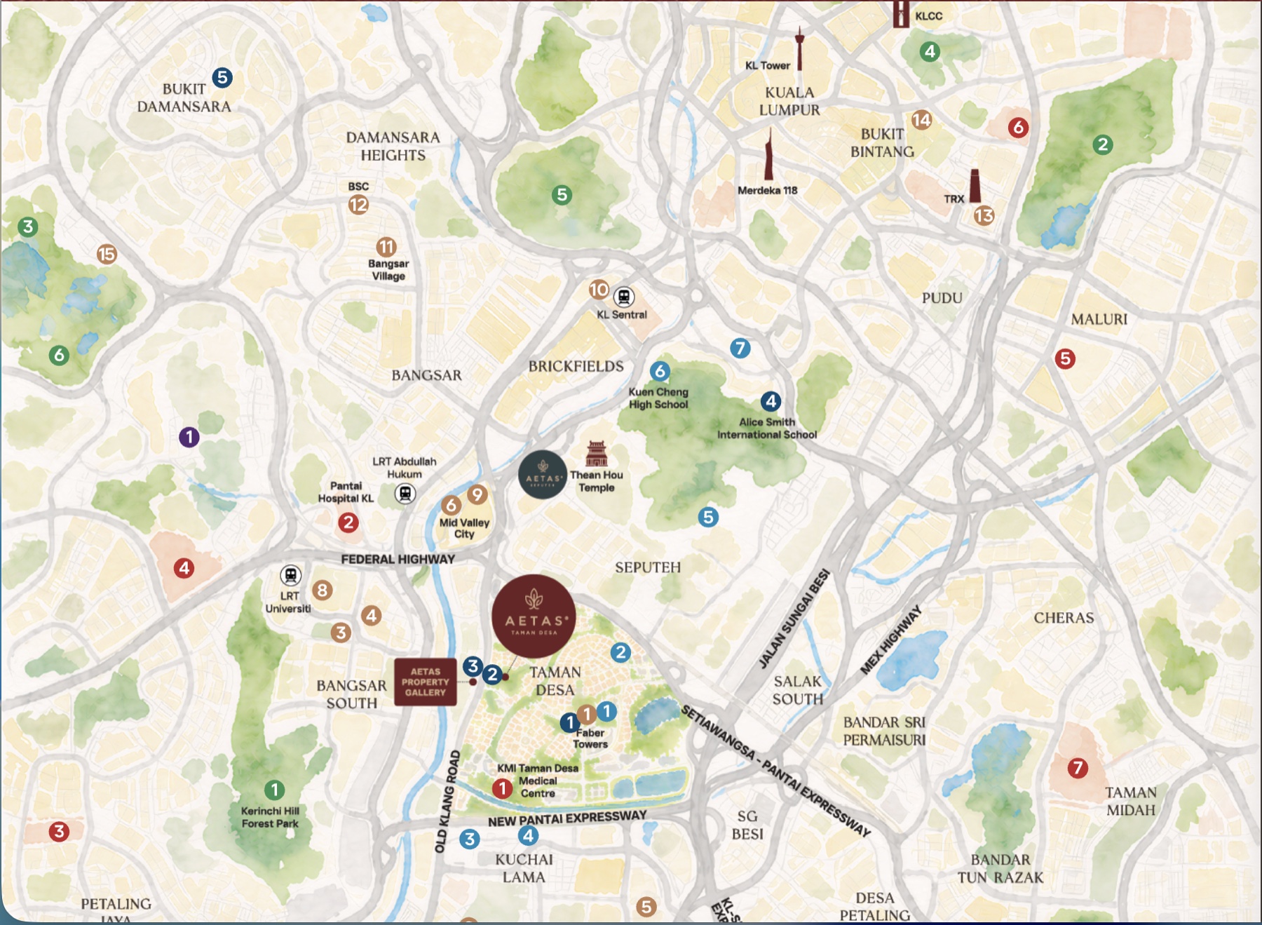 Map of AETAS Taman Desa's location within Kuala Lumpur, showing distances to Mid Valley, KLCC, Bangsar, TRX and surrounding amenities
